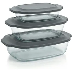 Arendo Auflaufformen aus Borosilikatglas, 3er-Set mit 2 l, 2,7 l und 3,8 l, inklusive Kunststoffdeckeln, rechteckig und stapelbar