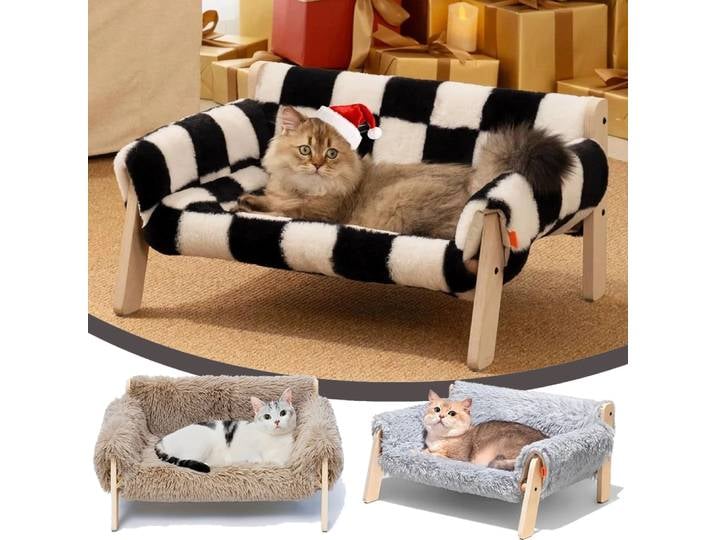 1PC grand lit pour chat robuste jambe en bois hiver chaud luxe chat canapé en peluche chiot canapé fournitures pour animaux de compagnie nid de chien pour petit chien moyen chat