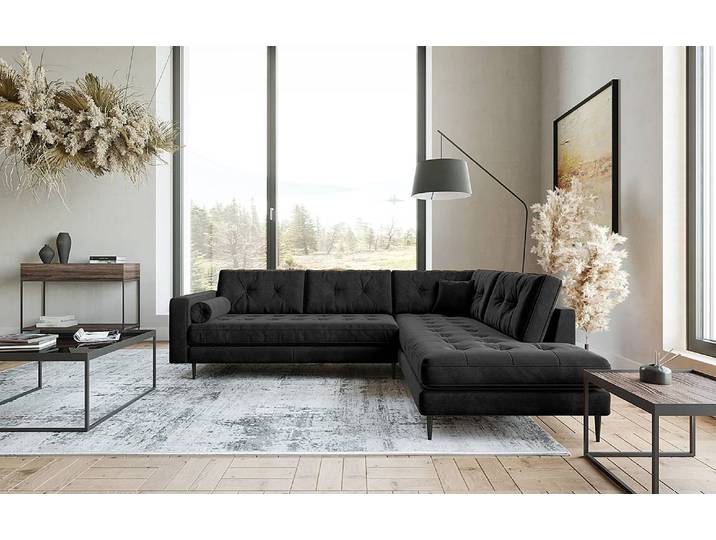 Ecksofa Purches Schwarz Samt Selby 259 x 87 x 205cm Ottomane davorstehend rechts Glamour