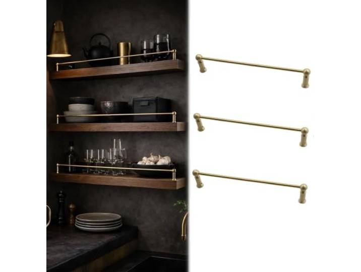ROBAUN 3er-Set Lange Messinggeländer for Küchenregale, Schrank-Metall-Schutzgeländer gegen Absturz, dekorative Regalschiene mit 2 Spindeln(32in/81.2cm)