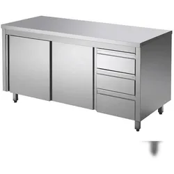 GastroHero Edelstahl Arbeitsschrank 160x60 cm mit Schiebetür & 3 Schubladen, Aufkantung 100 mm ECO AISI430
