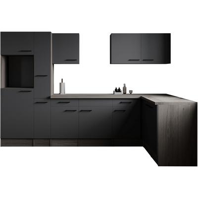 Winkelküche RESPEKTA "Oliver", schwarz (küche: grau, front: grau matt, korpus: eiche york nachbildung, arbeitsplatte: eiche york nachbildung), B:310cm H:205cm T:172cm, Komplettküchen-Sets, Breite 310 cm, 90 cm Arbeitshöhe, in exklusiver...