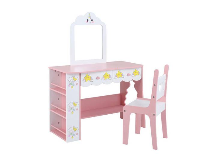 KOMFOTTEU Schminktisch Kinderschminktisch mit Wolkenspiegel, mit Stuhl, 2 Schubladen, 3-stufigem Regal & Sicherheitsgeländer