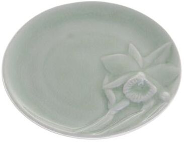Novica Handmade Lanna Orchid Celadon Ceramic Dessert Plate