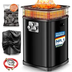 KESSER® Gas-Feuerstelle Aura, 18 kW Heizer, Outdoor, 360° Wärmeverteilung, Terrassenfeuer für Garten, Terrasse & Balkon, bis 120 m2, Bimssteine, Schutzcover, Deckel, 6 Std. Brenndauer, IP54