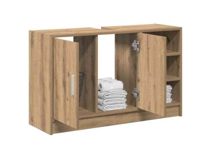 KTHLBRH Badmöbel Eiche Handwerk 90 x 29 x 55 cm Mehrschichtiges Holz, 3 Einlegeböden, Griffe Silber, Scharniertüren, Verwendung im Innenbereich