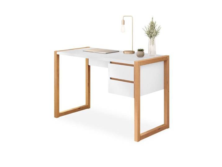 Bureau en Bois Belinda L 119 cm 2 Tiroirs Coloris Blanc et Chêne Table de Travail Bureau Droit Compact