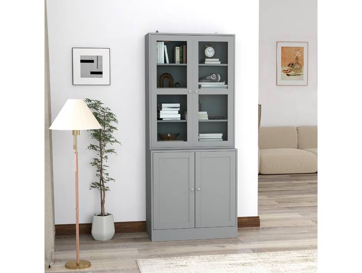 HOMCOM Bibliothèque 6 Niveaux Blanc avec Portes Verre Trempé