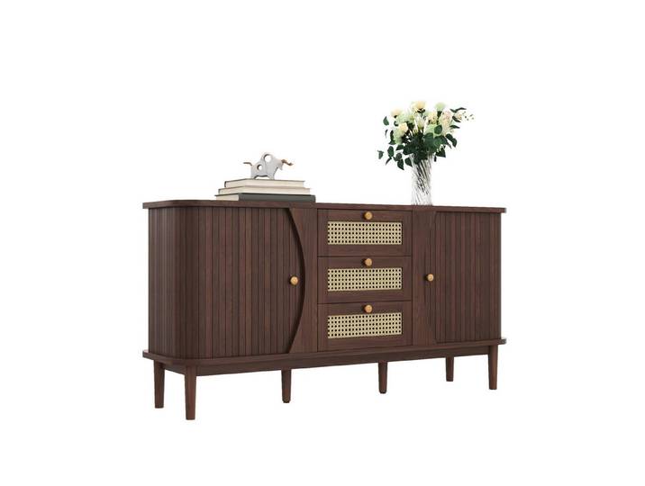 EXTSUD Sideboard Sideboard 140 cm – Rattan-Kommode mit Schiebetüren (verstellbaren Einlegeböden und abgerundeter Platte)