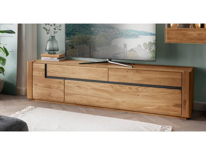 Lowboard Aruba in Wildeiche massiv mit dekorativer Metallapplikation – Montierte Lieferung – 3%-Vorkasse-Rabatt