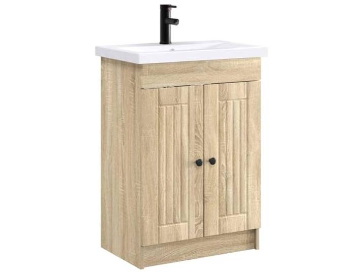 RJPLMFV Badmöbel-Set Eiche Sonoma Maschinenholz, Flügeltüren, Einlegeböden, Griffe aus schwarzem Metall, Spüle und Wasserhahn im Lieferumfang enthalten
