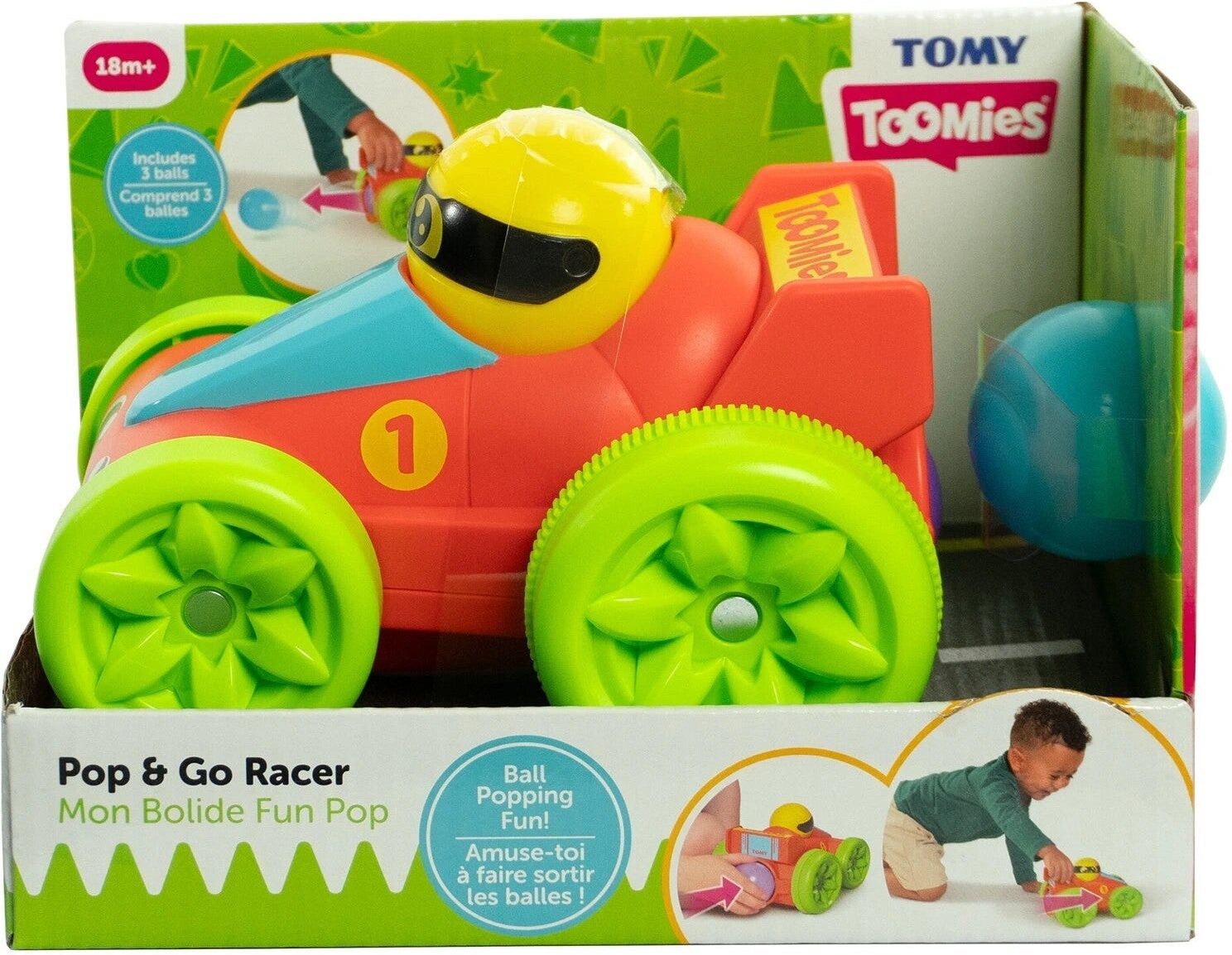 TOMY Toomies Pop ; Go Racer Ball Popping Push Toy for Toddlers - Red - 16 cm x 22 cm x 15 cm - Suitable from 18 months