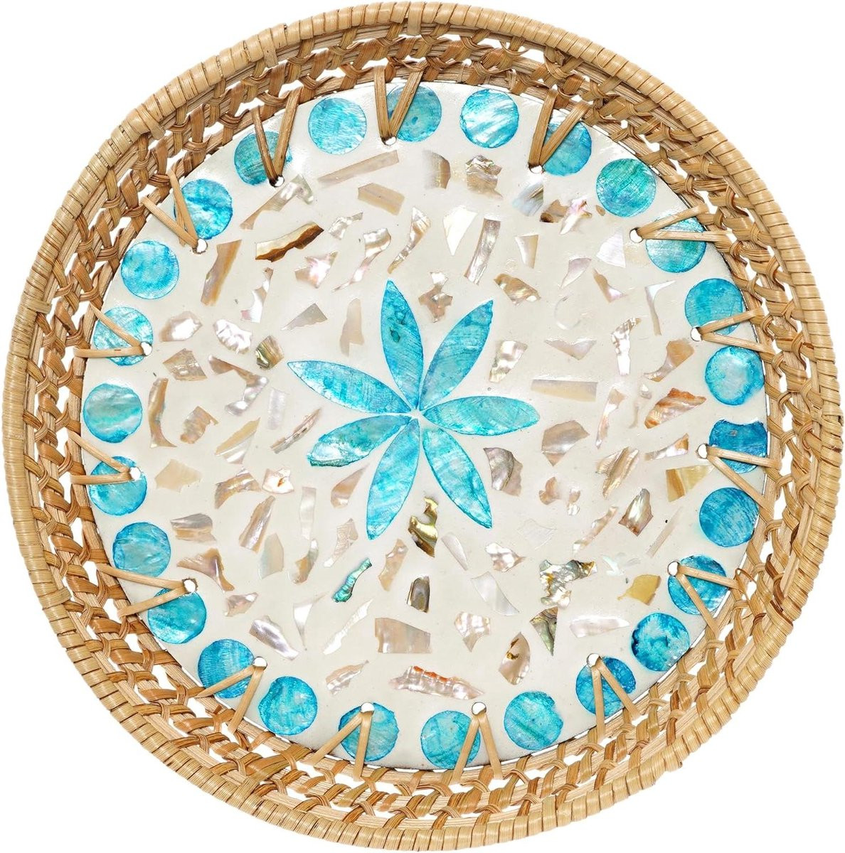 Handgemaakt gevlochten rond dienblad met parels - Natuurlijk - Diameter: 21 cm