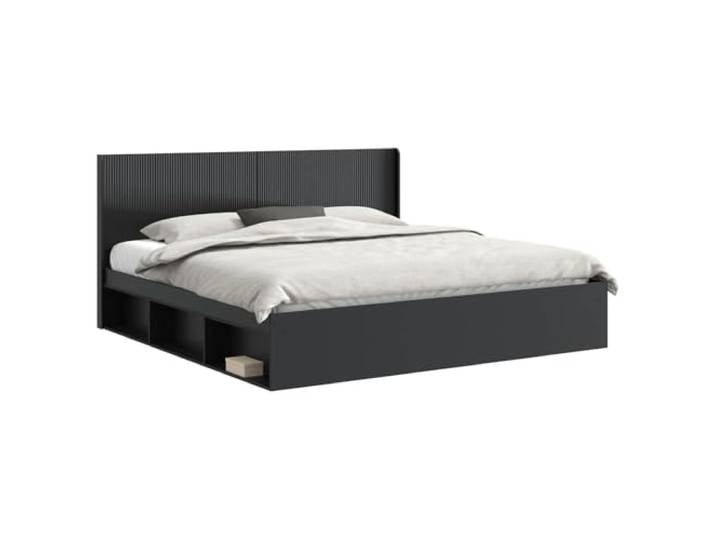 PUGYNBK Bettgestell mit Stauraum und Kopfteil, Schwarz Robustes Holz, Lattenrost, Seitenfächer, modernes Design