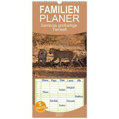 Familienplaner 2027 - Sambias großartige Tierwelt mit 5 Spalten (Wandkalender, 21 x 45 cm) CALVENDO