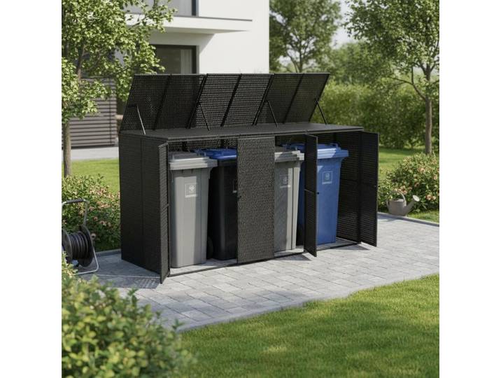 Support de poubelle extérieur en polyrotin durable pour 3 poubelles, noir, 207x80x117 cm