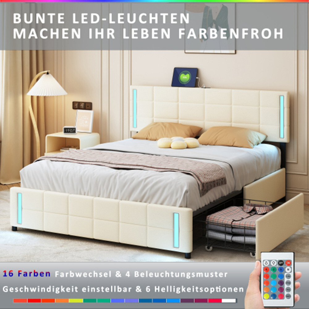 Polsterbett mit LED-Lichtsteckdose 4 Schubladen gepolstert flaches Einzelbett Kinderbett Jugendbett Gästebett 140*200cm