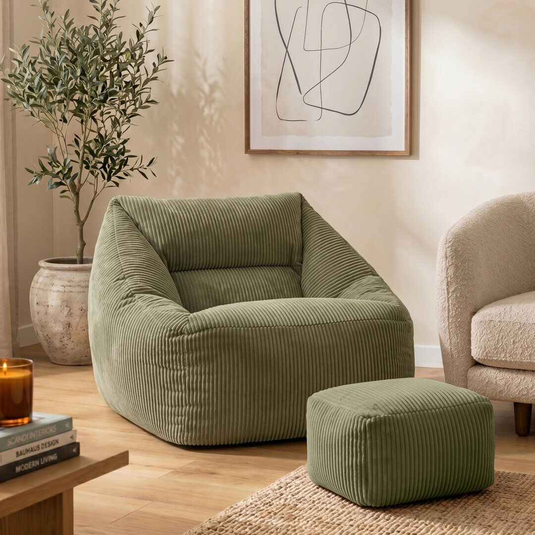 icon Natalia Large Beanbag and Pouffe Set Corduroy Navy Blue Sage Green Large