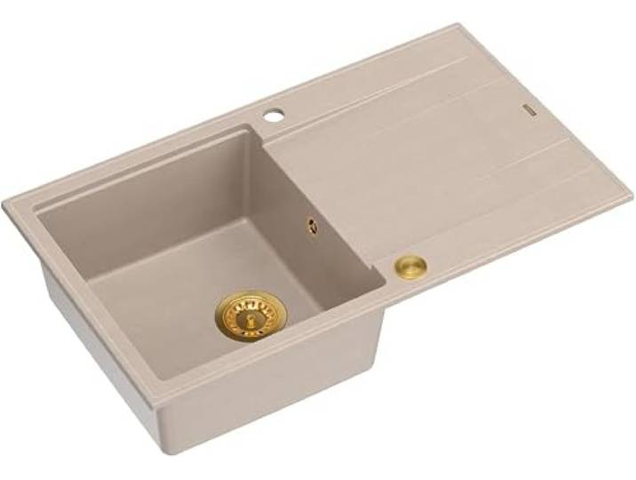 QUADRON Spülbecken Spüle Beige & Golden Größe 86 x 50 x 21 cm Granit Granitspüle EVAN 111 Einzelbecken Küchenspüle mit manuellem Siphon und Abtropffläche 1 Becken Einbauspüle