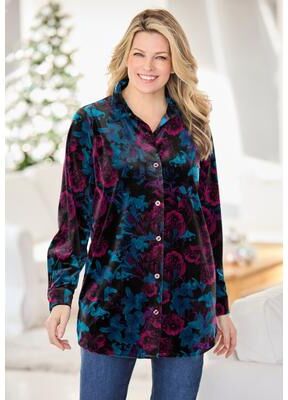 Plus Size Women's Velour Shirt by Woman Within in Black Teal Lilies (Size 2X)