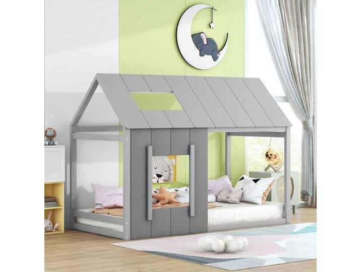 Lit enfant cabane - MAISENTIEL - Cabane - 90 x 200 cm - Gris - 8 lattes