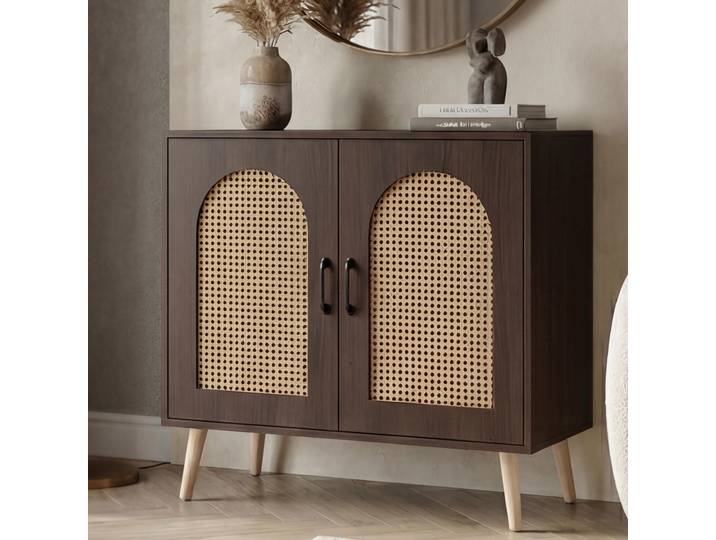 Kommode HWC-P51, Schrank mit Türen Anrichte Staufächer, Poly-Rattan MDF Melamin 79x80x40cm Walnuss-Optik
