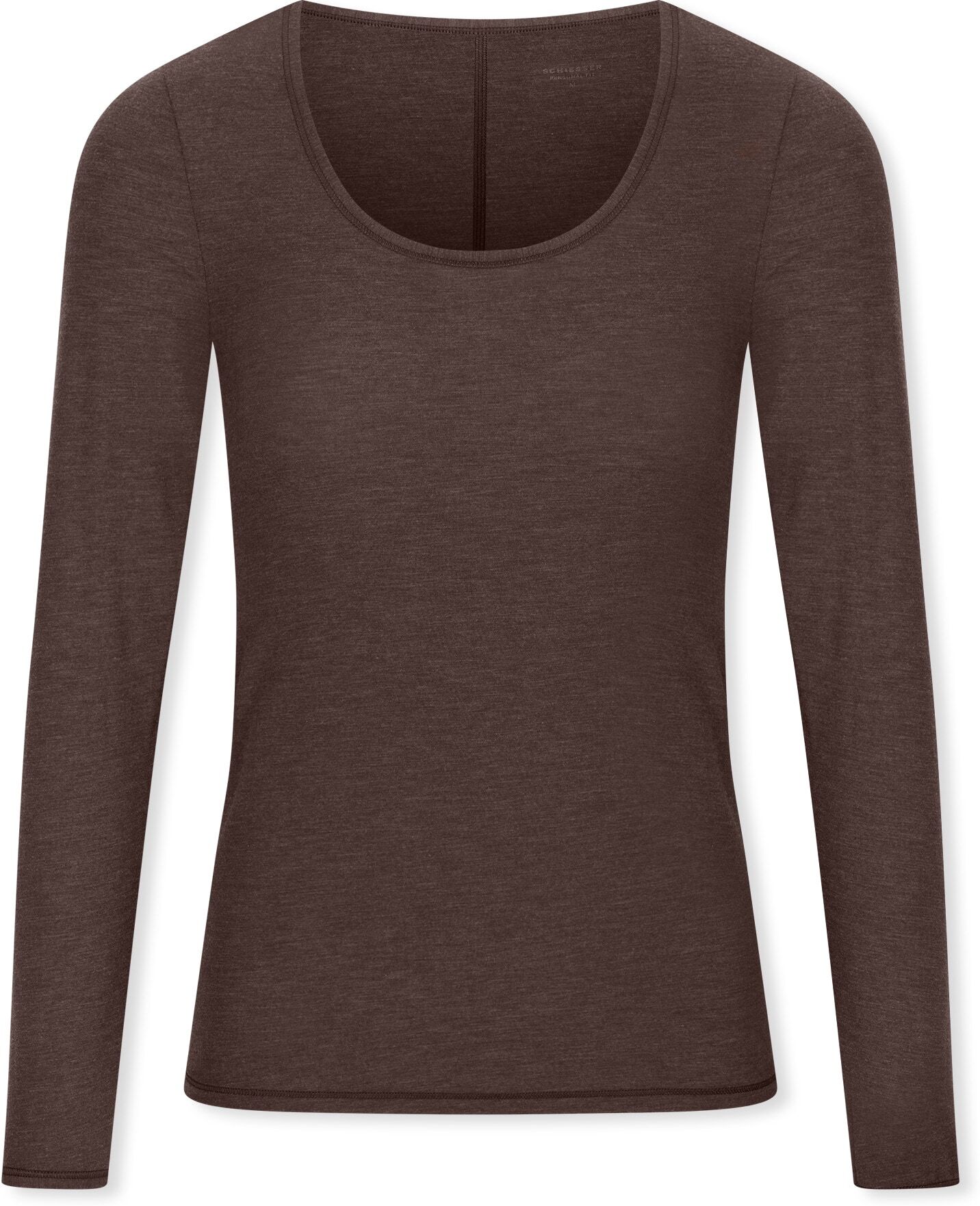 Langarmshirt SCHIESSER "Personal Fit", Damen, Gr. XL, braun (330, deep braun), Single Jersey, Obermaterial: 55% Viskose, 25% Polyester, 20% Elasthan, bequem hüftbedeckend, tiefer Rundhals, Shirts Langarmshirt, mit flachen Seitennähten für höchsten Trageko