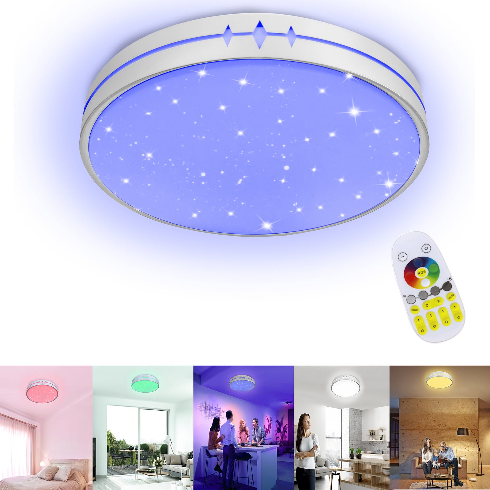 UISEBRT LED plafondlamp met sterrenlicht effect, dimbaar, 60W, rond, Diameter: 50 cm