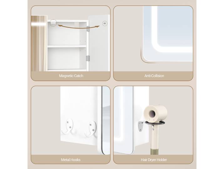 Armoire de salle de bain avec miroir et éclairage, armoire de salle de bain avec miroir, 3 températures de couleur, intensité réglable, armoire de salle de bain avec miroir
