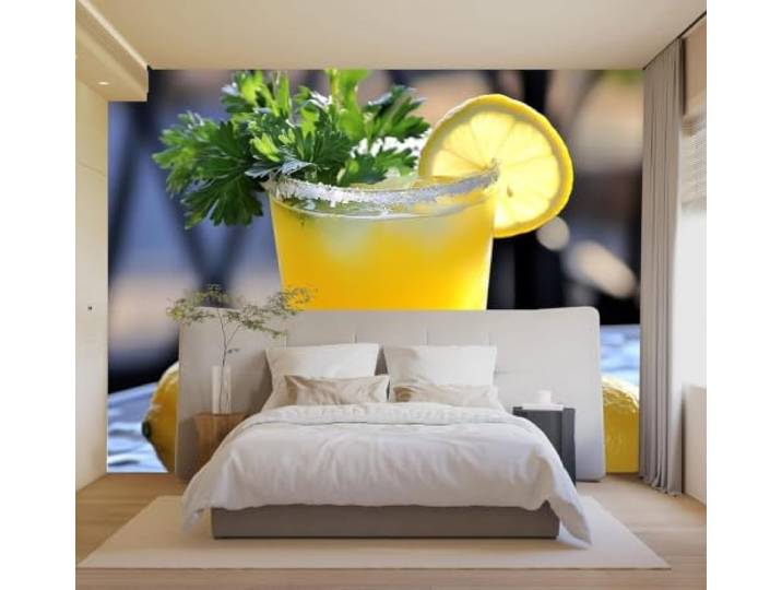 XLMING 3D Tapeten Zitrone Grüne Blätter Gelb Cocktail Weinglas Luxuriöse Seide Deko Aufkleber Geeignet für Restaurants Sofas Wohnzimmer Schlafzimmer Sowie alle Wände Wandbilder-430cm×300cm