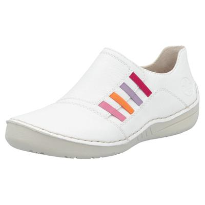 Slipper RIEKER, Damen, Gr. 38, weiß, Lederimitat, kontrastfarbene Details, Schuhe Slipper, Slip-on Sneaker, Schlupfschuh, Halbschuh mit weicher Innnensohle