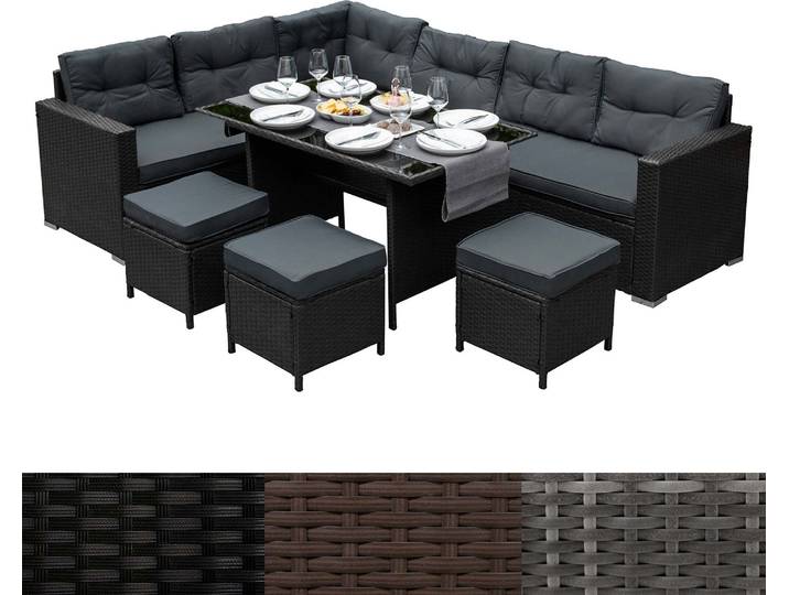 Ensemble de jardin en rotin pour 9 personnes\, comprenant une table et des tabourets\, de couleur noire