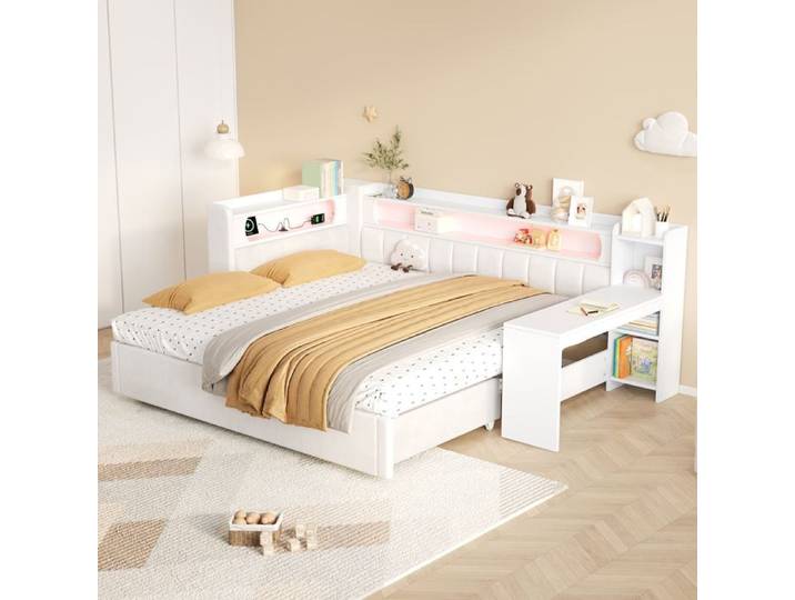 Lit combiné - ZEVKOR - Lit combiné extensible - 90×200→180×200 - Bureau intégré & étagères - LED/USB - Blanc