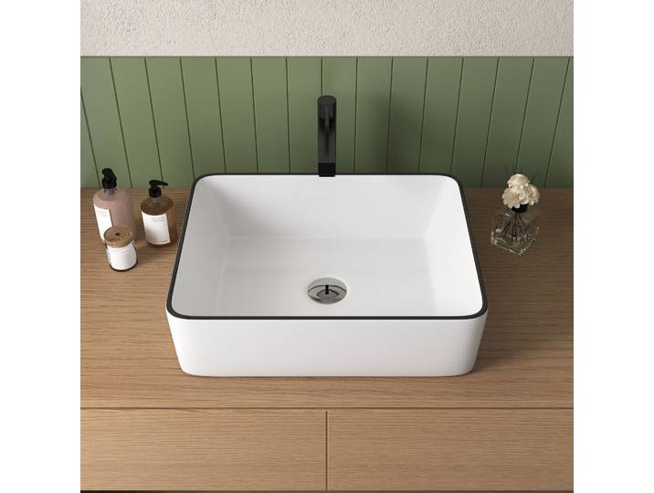 Lavabo de comptoir DeerValley, lavabo à poser blanc avec bord noir, lavabo de salle de bain moderne 47,5 x 37,5 cm, lavabo de table, lavabo pour salle de bain, vestiaire, salle de bain privée et