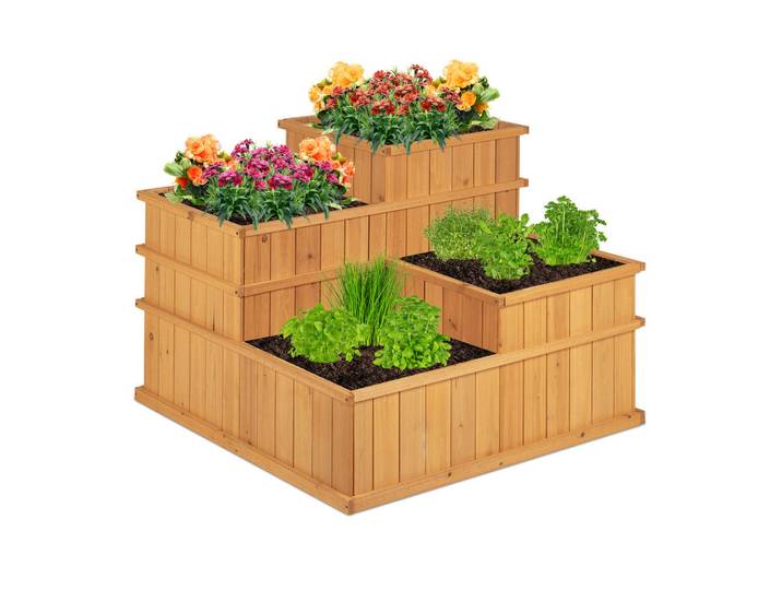 Relaxdays Hochbeet Natur Holz 4-stufig 61 cm, Hellbraun, 81x61x81 cm, Gartenzubehör, Hochbeet