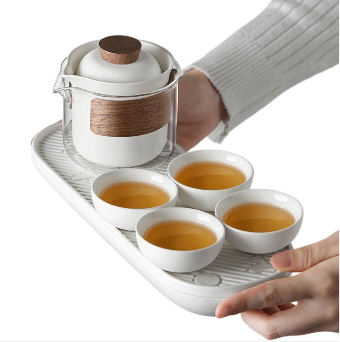 INF Keramik Reise-Teeset - Tragbares Outdoor Gongfu Tee-Set mit Teekanne, 4 Tassen, Fairness-Becher und Teedose, Weiß