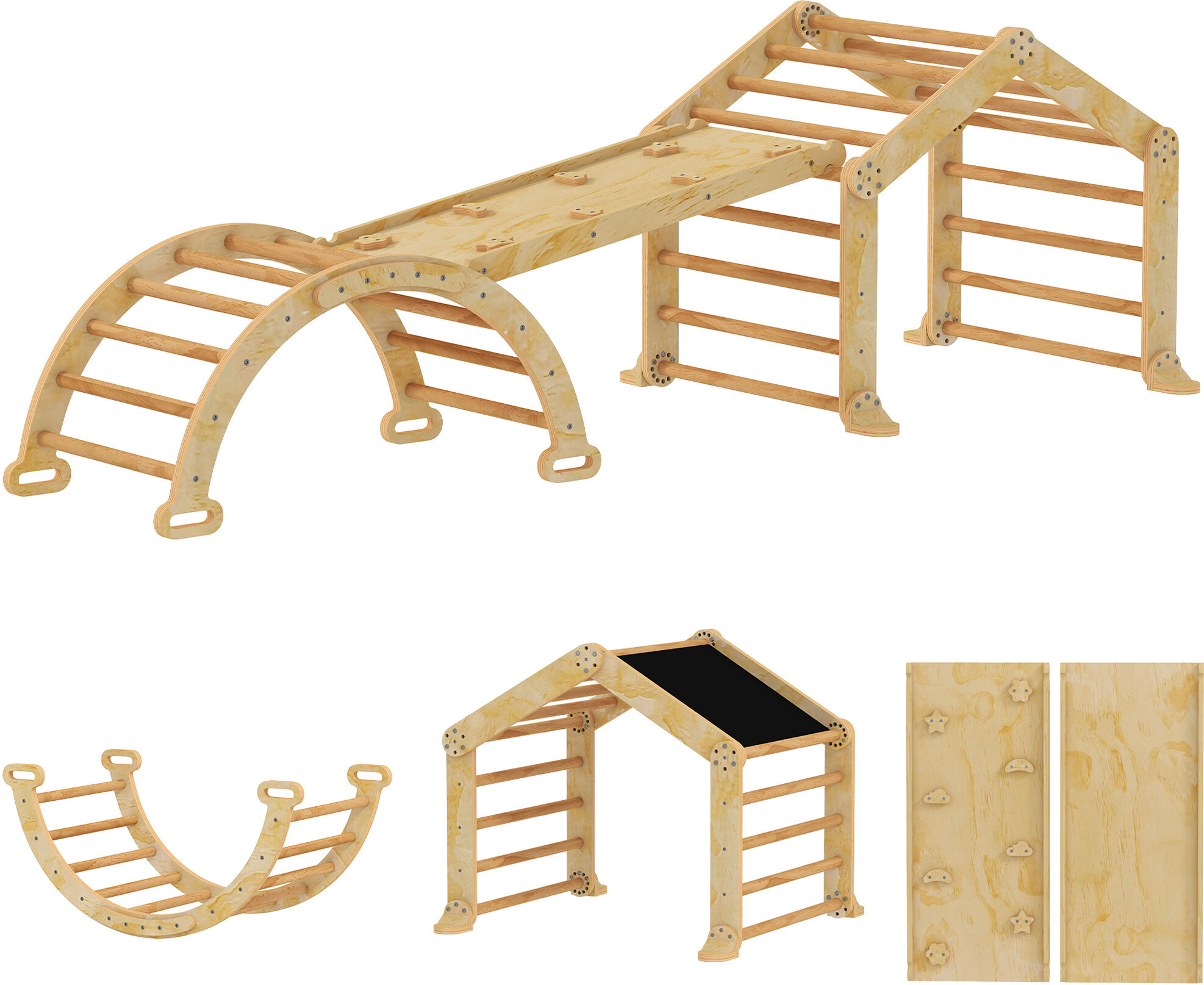Aiyaplay Struttura da arrampicata indoor 9-in-1, rampa, scivolo, scala, lavagna, per bambini piccoli, legno   Aosom Italy