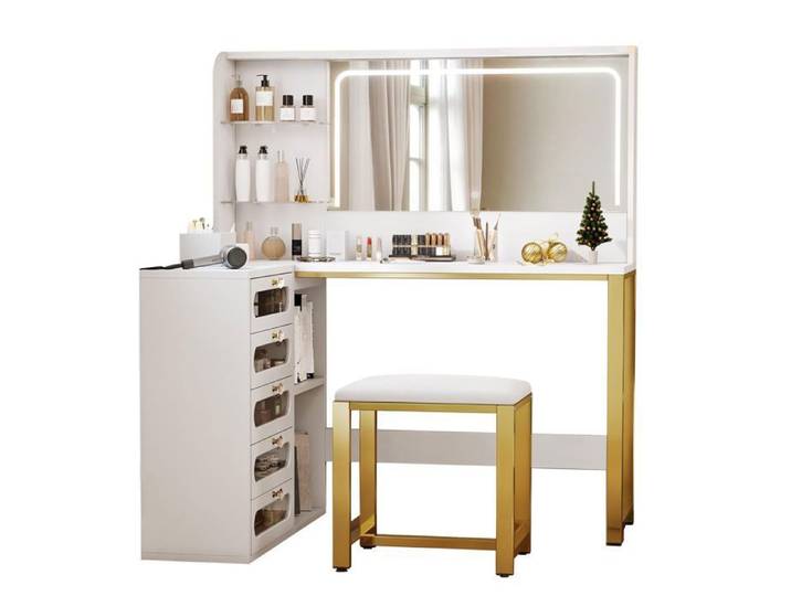 Coiffeuse avec Miroir Led et Tabouret Coiffeuse avec 5 Tiroirs Coiffeuse Moderne Coiffeuse Meuble 120x80x135cm Blanc
