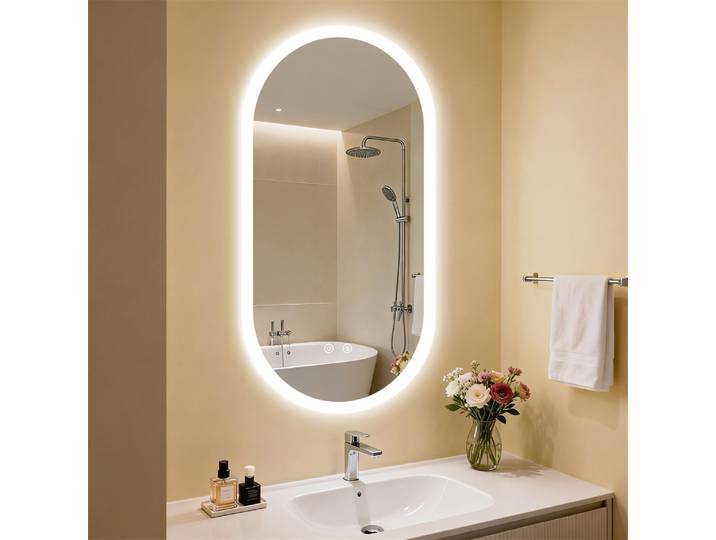 Miroir de salle de bain rétroéclairé mural LUVODI, miroir de vanité ovale en verre trempé éclairé par LED avec fonction mémoire, anti-buée IP44