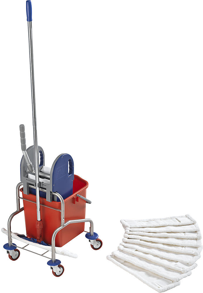 Edelstahl-Reinigungswagen-Set, 25-l-Eimer, Halter und 10 Mopps, inklusive Mopppresse eurokraft pro
