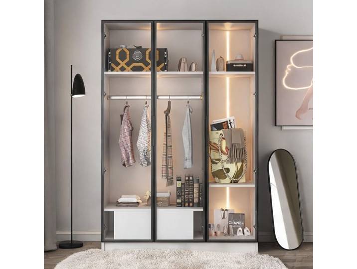 Armoire blanche 3 portes vitrées avec tiroir et penderie LED intégrée 110x50x160 cm