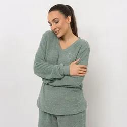 COZEE HOME Homewear Damen-Pullover Strasssteine MF Fluffy Bouclé V-Ausschnitt