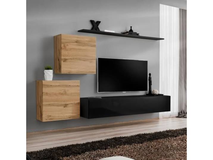 Lomadox Wohnzimmer Wohnwand in Eiche & Schwarz mit Hochglanz-Fronten modern 250 cm, 4-teilig -