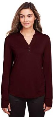 North End NE400W Women's JAQ Stretch Performance V-Neck Snap Pullover T-Shirt in Burgundy size Medium   Triblend