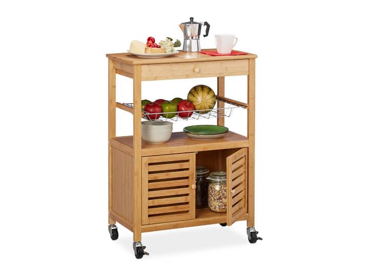 Relaxdays Küchenwagen Natur Bambus mit Rollen und Schublade 82 cm, Braun, Holz, Metall, 59.5x82x35 cm, Esszimmer, Servierwagen