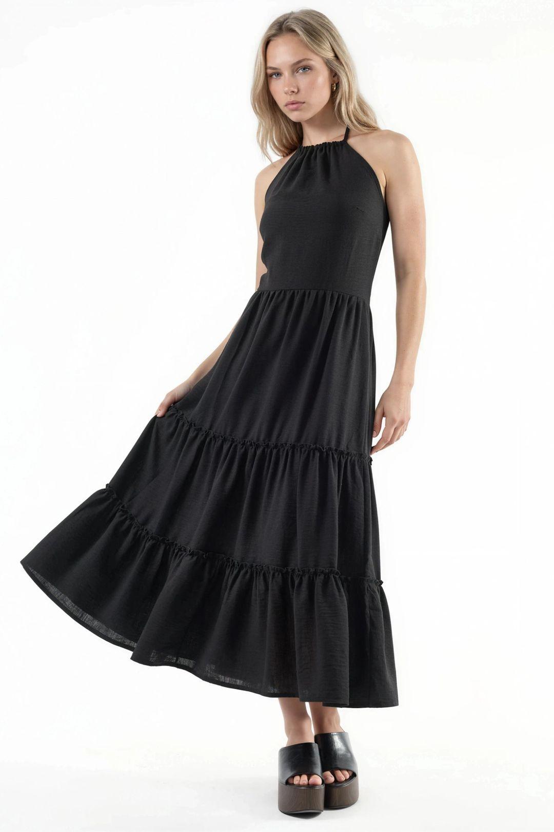 Rimpelige Halter Nek Maxi Jurk