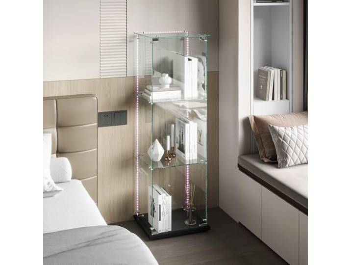 Glasvitrine mit LED-Beleuchtung, Vitrinenschrank mit Schloss, Glasvitrine Staubdicht für Sammlungen, Standvitrine Glasschrank für Wohnzimmer Schlafzimmer Büro (Schwarz+Lichtleiste+1Tür, 3 Schichten)