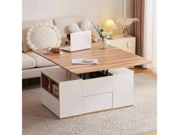Hebbarer Multifunktions-Couchtisch - Tischplatte öffnet Sich zu 2 Tischen, große Kapazität, Moderne Wohnzimmermöbel, Büro-Esstisch Freizeittisch Multifunktionstisch (Weiß+Gelb-braun)