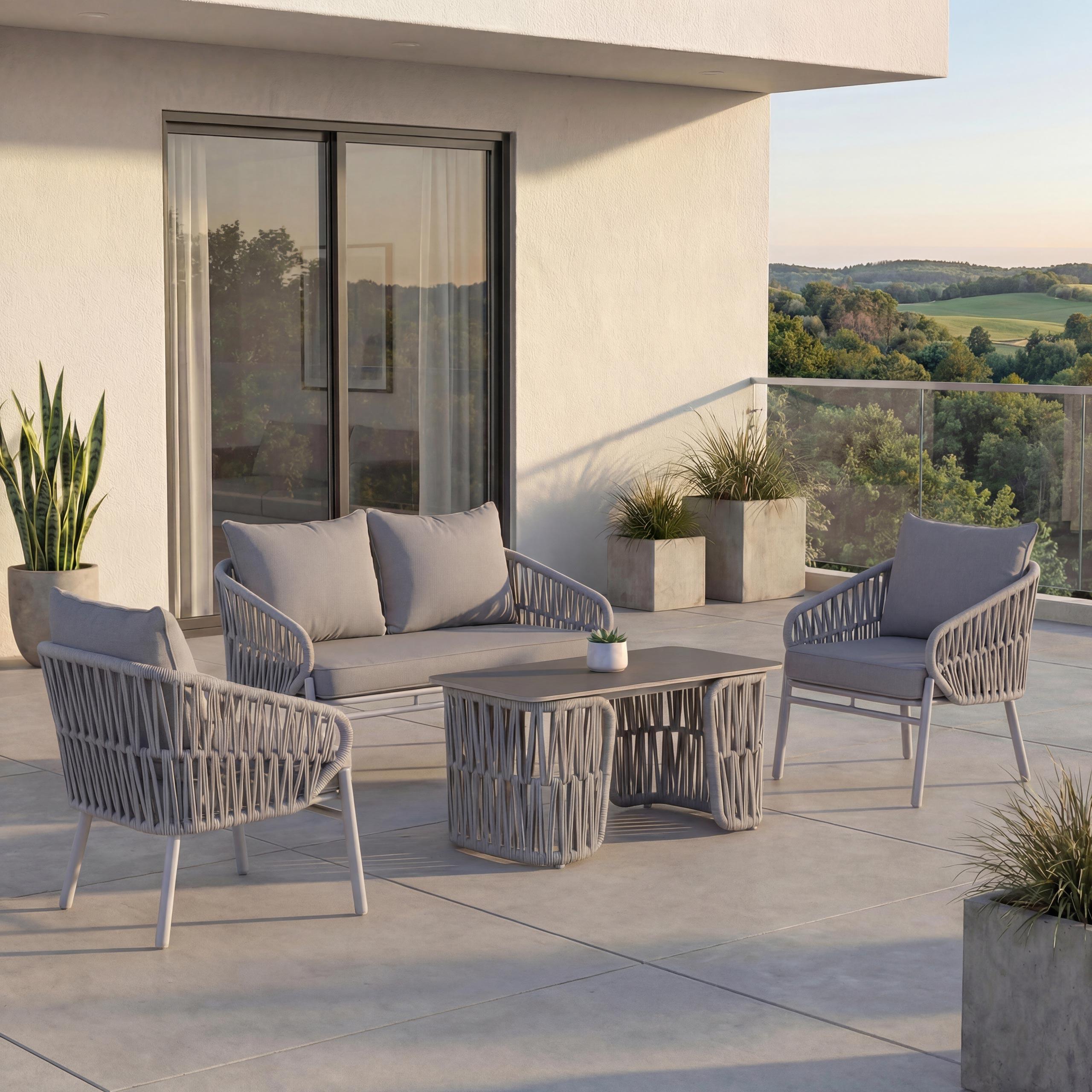 Gartengarnitur MCW-P90, Lounge-Set Gartenlounge Sofa Sessel Tisch, Seilgeflecht Rope Stoff/Textil (180g/m²) hellgrau