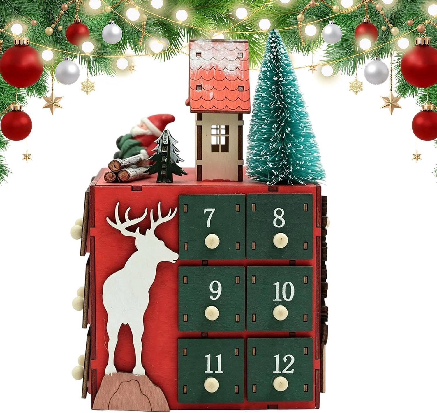 Houten adventkalender van 24 dagen in dorp vorm met herbruikbare kubussen